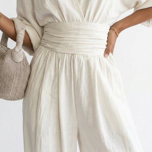 Elara | Women's Deep V-Neck Wide Leg White Occasion Jumpsuit