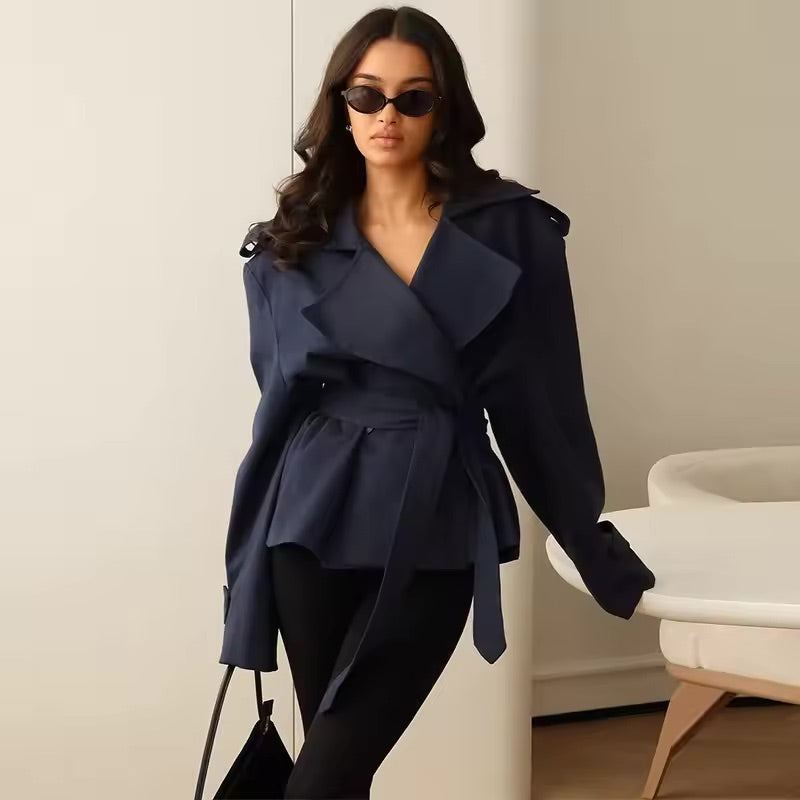 Vivienne Lace-Up Wide Shoulder Cropped Trench Coat