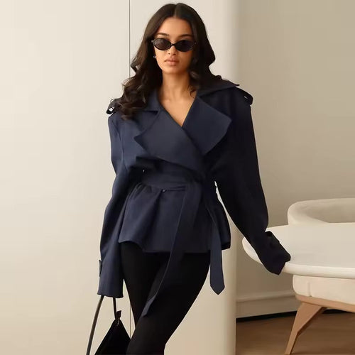 Vivienne Lace-Up Wide Shoulder Cropped Trench Coat