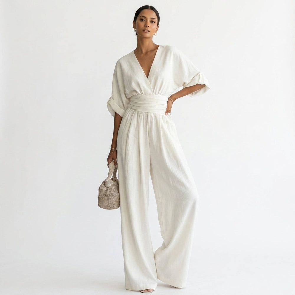 Elara | Women's Deep V-Neck Wide Leg White Occasion Jumpsuit