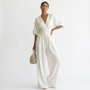 Elara | Women's Deep V-Neck Wide Leg White Occasion Jumpsuit