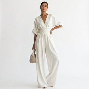 Elara | Women's Deep V-Neck Wide Leg White Occasion Jumpsuit
