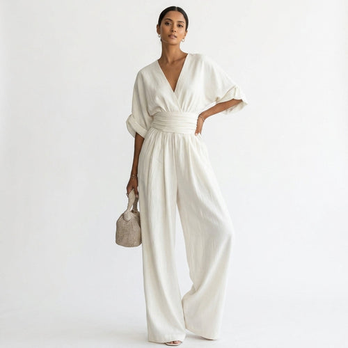 Elara | Women's Deep V-Neck Wide Leg White Occasion Jumpsuit