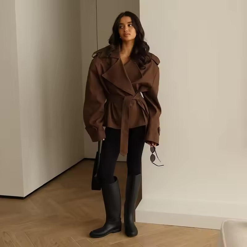 Vivienne Lace-Up Wide Shoulder Cropped Trench Coat