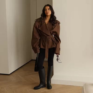 Vivienne Lace-Up Wide Shoulder Cropped Trench Coat