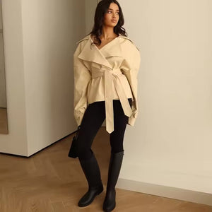 Vivienne Lace-Up Wide Shoulder Cropped Trench Coat