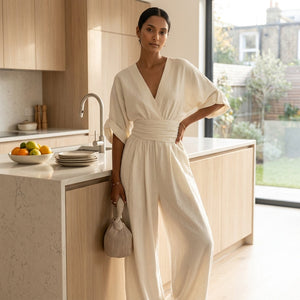 Elara | Women's Deep V-Neck Wide Leg White Occasion Jumpsuit