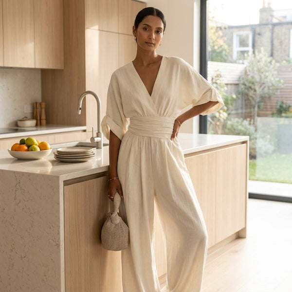 Elara | Women's Deep V-Neck Wide Leg White Occasion Jumpsuit