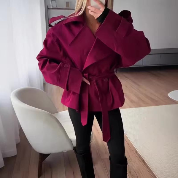 Vivienne Lace-Up Wide Shoulder Cropped Trench Coat