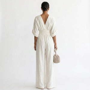 Elara | Women's Deep V-Neck Wide Leg White Occasion Jumpsuit