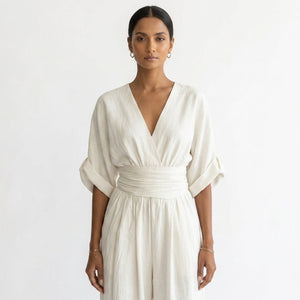 Elara | Women's Deep V-Neck Wide Leg White Occasion Jumpsuit