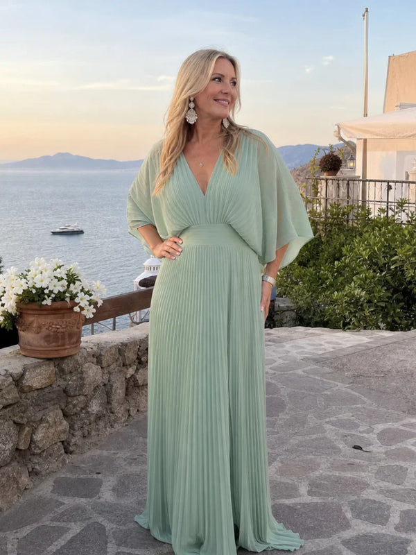 Renée V-Neck Long Sleeve Pleated Maxi Dress