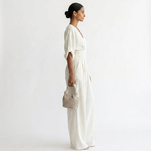 Elara | Women's Deep V-Neck Wide Leg White Occasion Jumpsuit