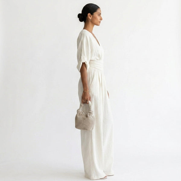 Elara | Women's Deep V-Neck Wide Leg White Occasion Jumpsuit
