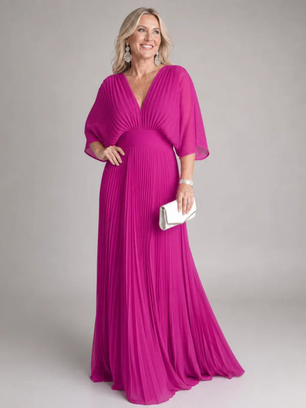 Renée V-Neck Long Sleeve Pleated Maxi Dress