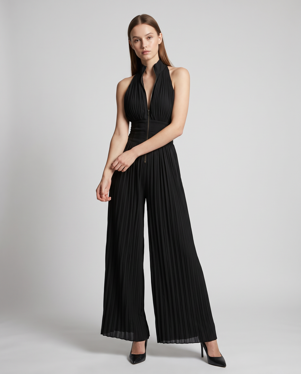 Valentina | Women's V-Neck Pleated Black Wide Leg Evening Jumpsuit