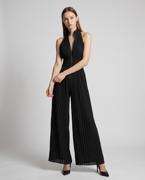 Valentina | Women's V-Neck Pleated Black Wide Leg Evening Jumpsuit