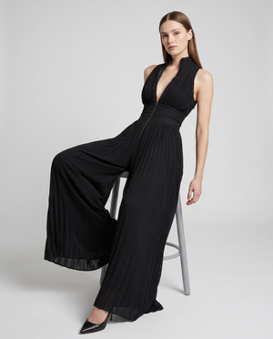 Valentina | Women's V-Neck Pleated Black Wide Leg Evening Jumpsuit