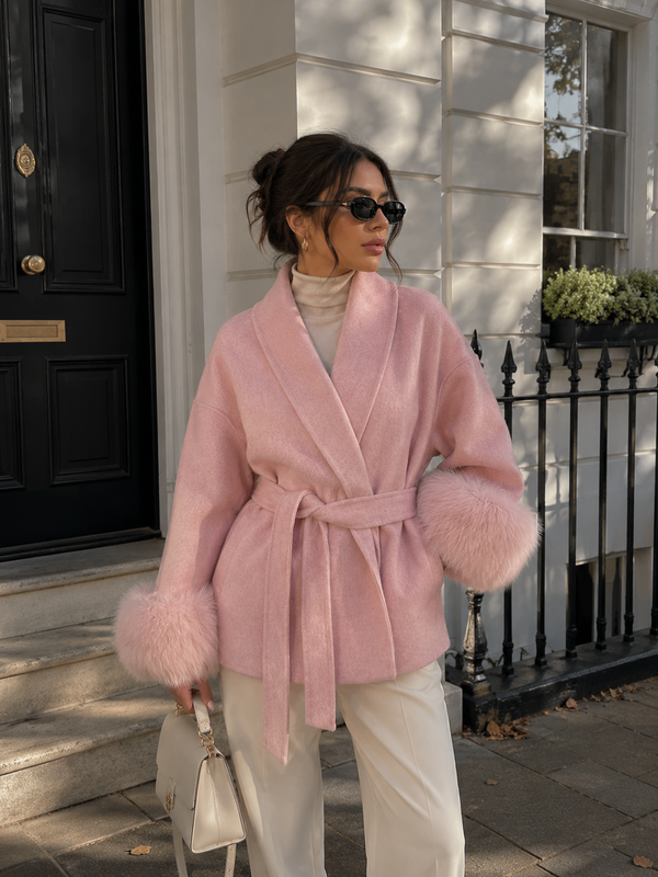 Vivienne Fox Fur Trim Elegant Wool Short Coat