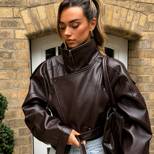 Roxanne Cropped Funnel Neck Faux Leather Jacket
