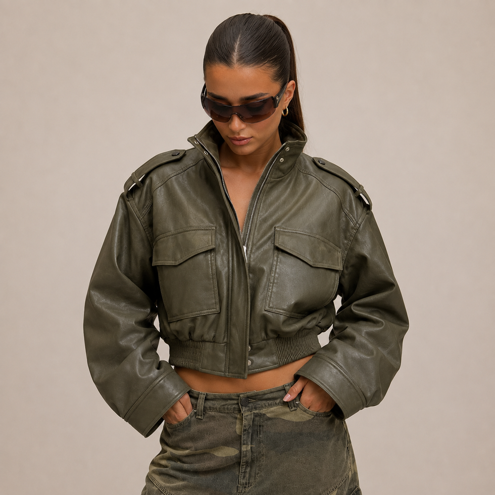 Céleste Cropped Faux Leather Bomber Jacket