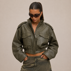 Céleste Cropped Faux Leather Bomber Jacket