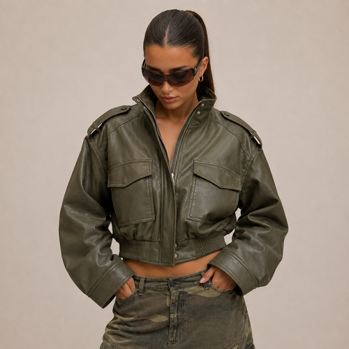 Céleste Cropped Faux Leather Bomber Jacket