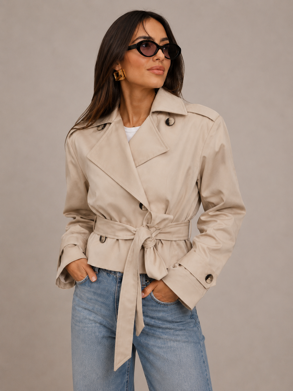 Fleur Belted Double-Breasted Short Trench Jacket