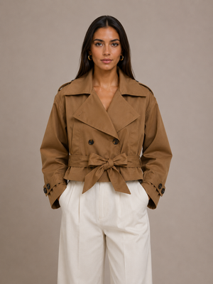 Fleur Belted Double-Breasted Short Trench Jacket