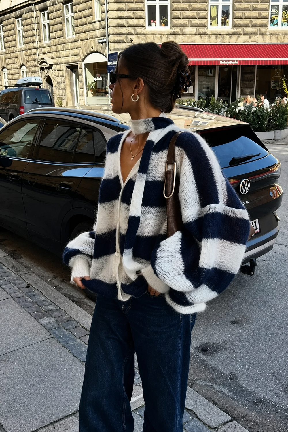 Éloise Striped Fuzzy Lace-Up Knit Sweater