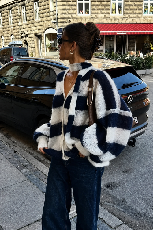 Éloise Striped Fuzzy Lace-Up Knit Sweater