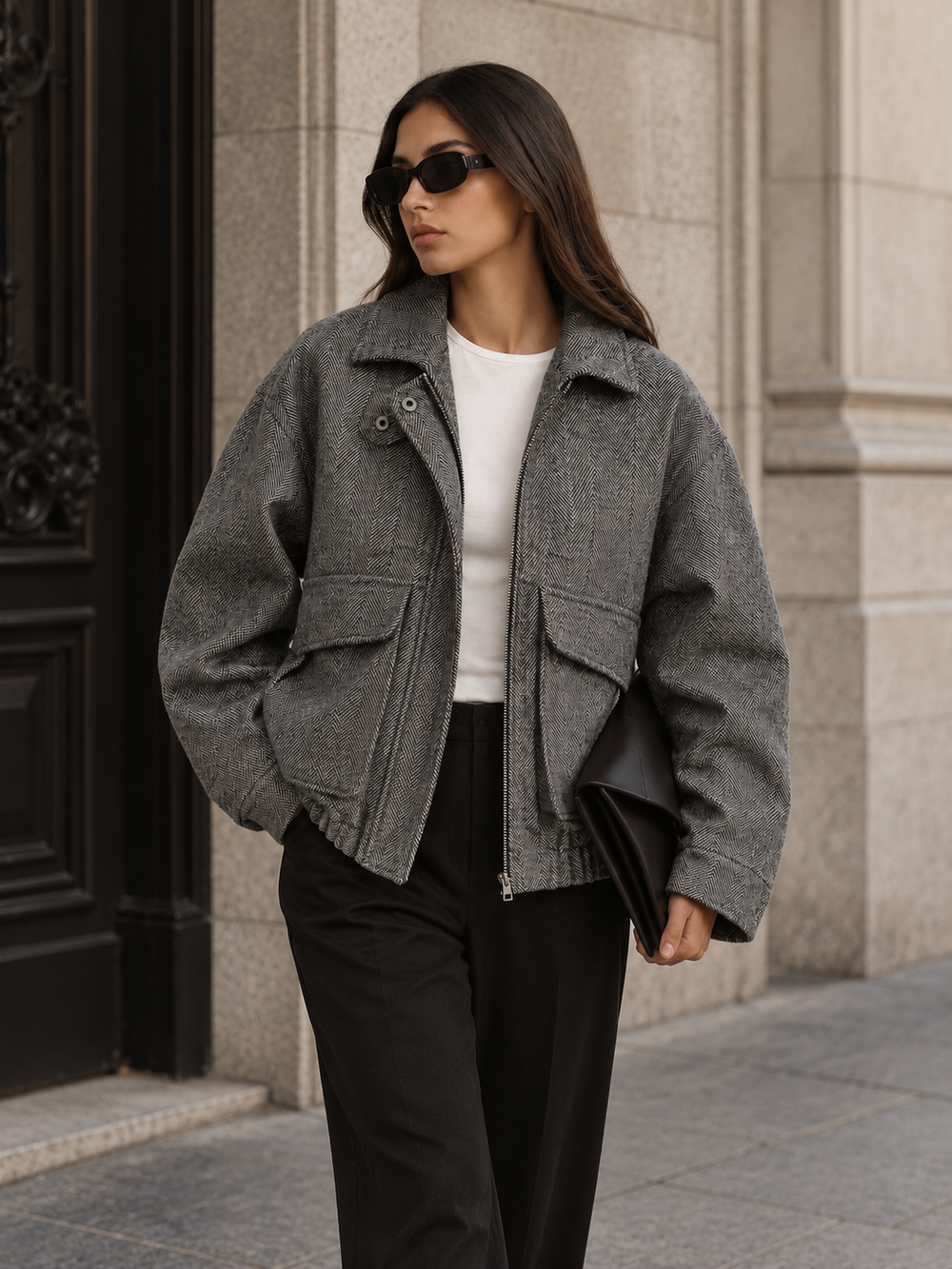 Sarah | Women's Herringbone Stand Collar Coat