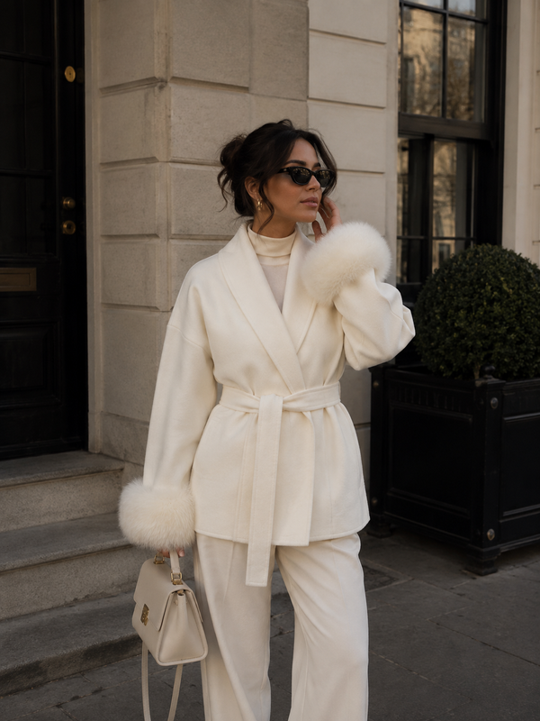 Vivienne Fox Fur Trim Elegant Wool Short Coat