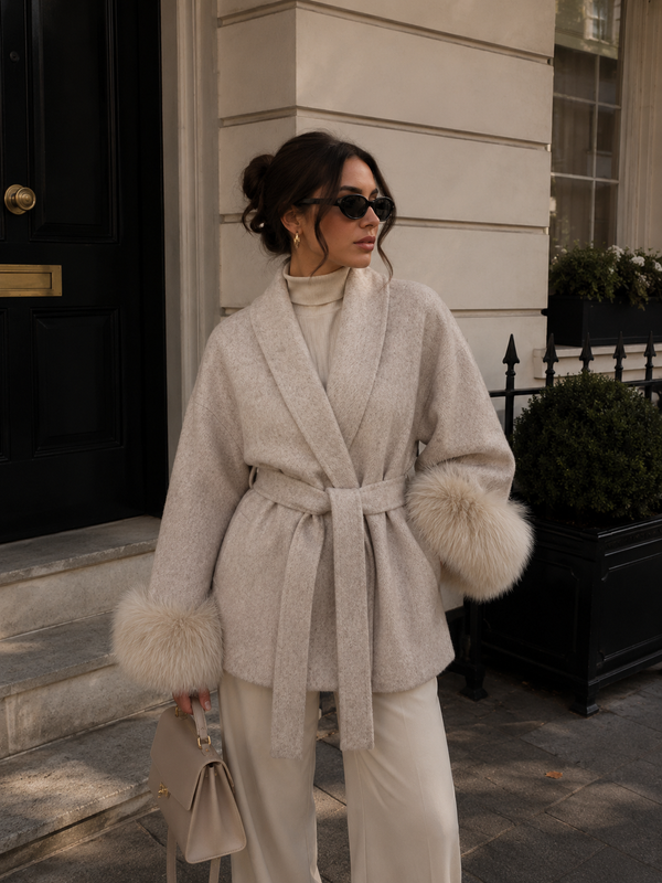 Vivienne Fox Fur Trim Elegant Wool Short Coat