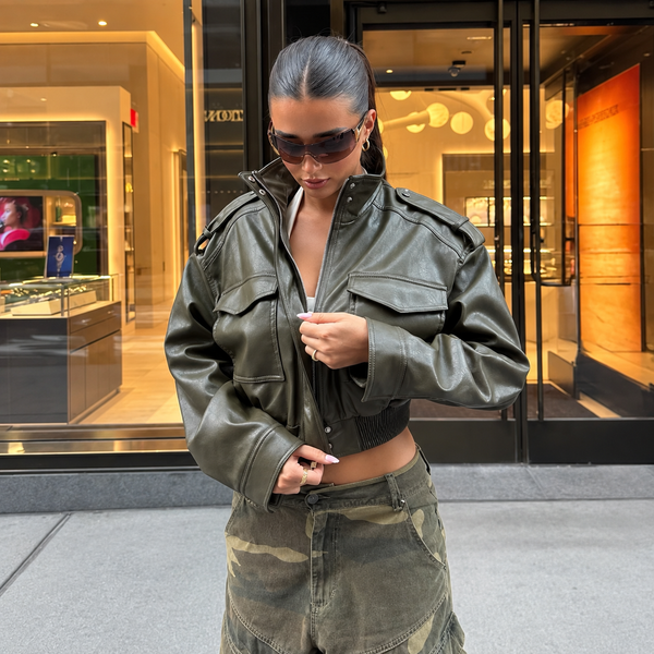 Céleste Cropped Faux Leather Bomber Jacket