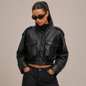 Céleste Cropped Faux Leather Bomber Jacket