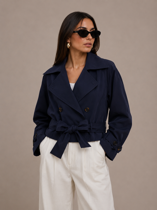 Fleur Belted Double-Breasted Short Trench Jacket