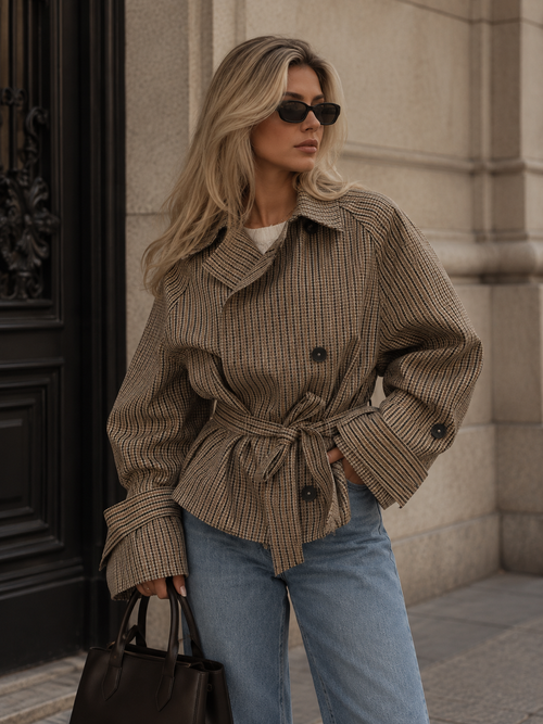 Brigitte Plaid Double-Breasted Short Trench