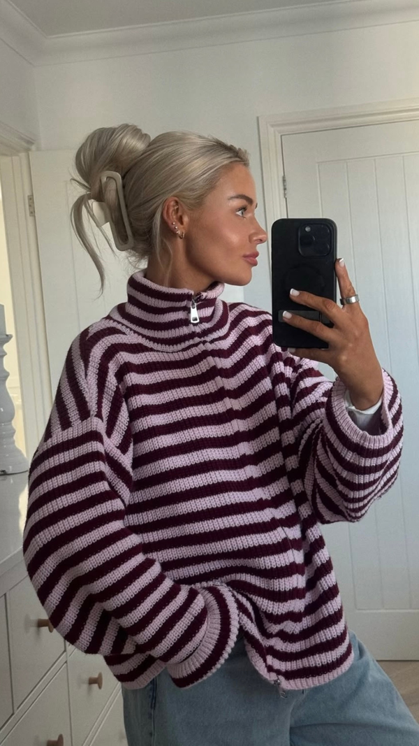 Brenna | Women's Oversized Striped Zip Up Knit Sweater