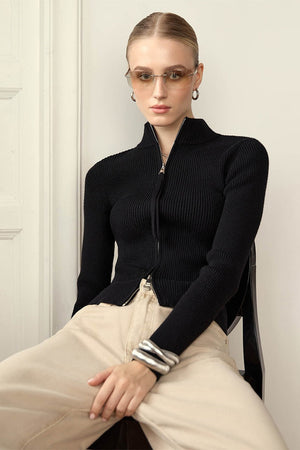 Corinne | Women's Ribbed Knit Zip Front Mock Neck Cardigan