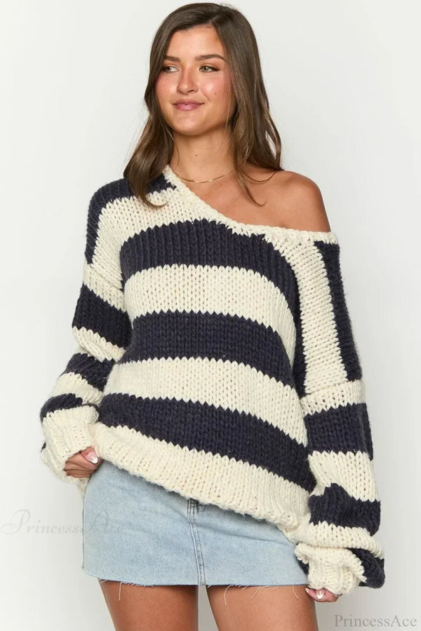 Elaina | Women's Oversized Striped Knit Off Shoulder Jumper