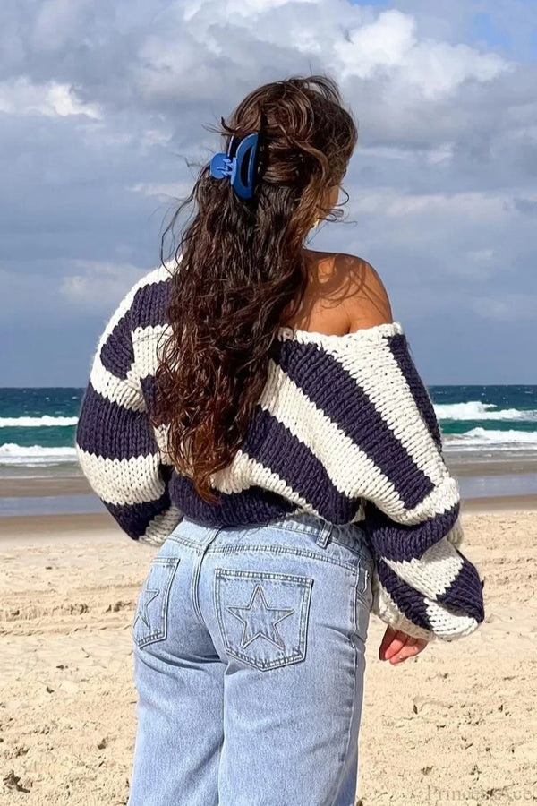 Elaina | Women's Oversized Striped Knit Off Shoulder Jumper