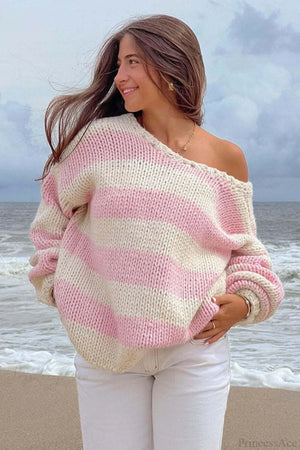 Elaina | Women's Oversized Striped Knit Off Shoulder Jumper