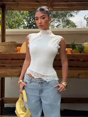 Nadia Lace Trim Mock Neck Top