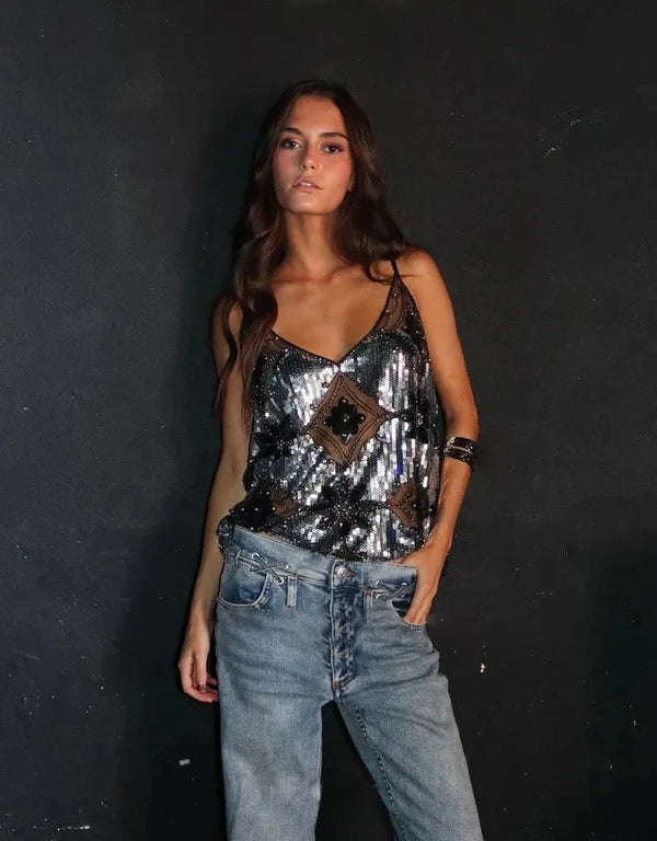 Véronique Sequin Glitter Spaghetti Strap Party Top