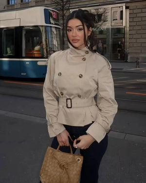 Leslie | Women's Belted Double Breasted High Neck Jacket Trench Coat
