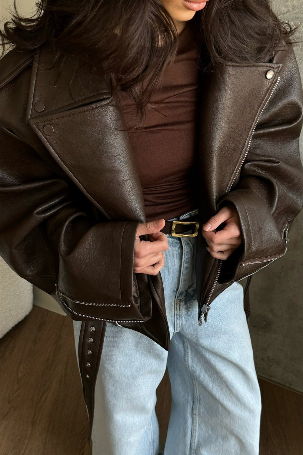 Regina | Women's Belted Oversized Faux Leather Moto Biker Jacket