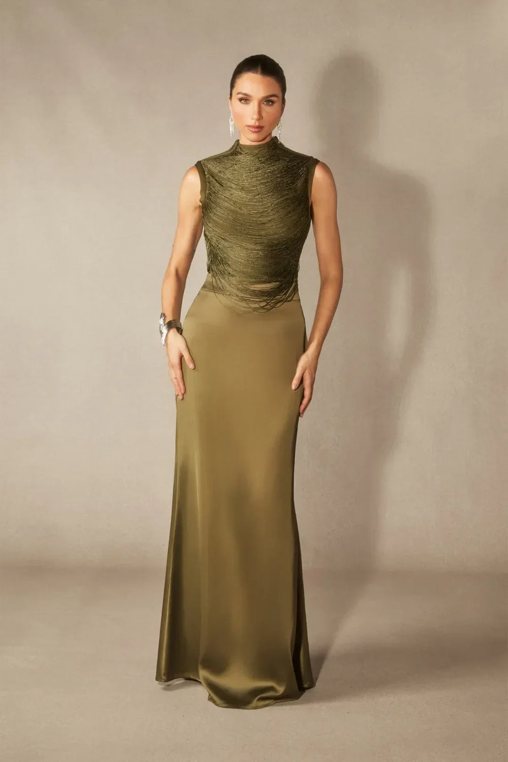 Soleil | Women's High Neck Satin Sleeveless Evening Dress