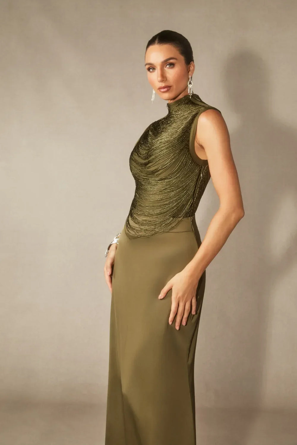 Soleil | Women's High Neck Satin Sleeveless Evening Dress