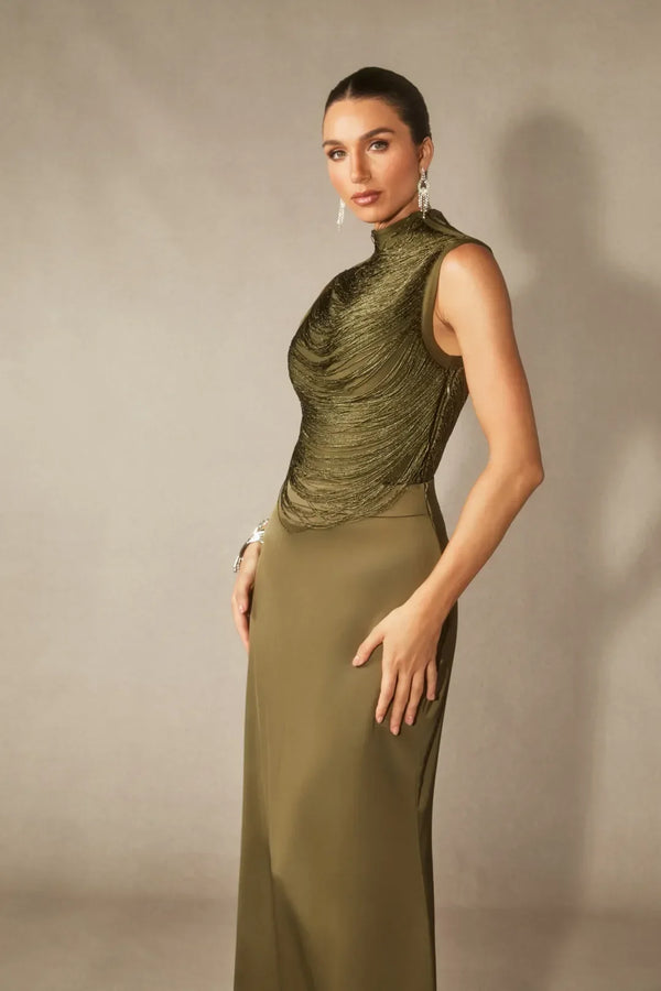 Soleil | Women's High Neck Satin Sleeveless Evening Dress